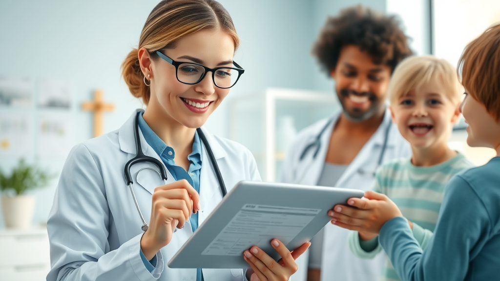 friendly female doctor consulting a family using digital health records, concierge medicine program