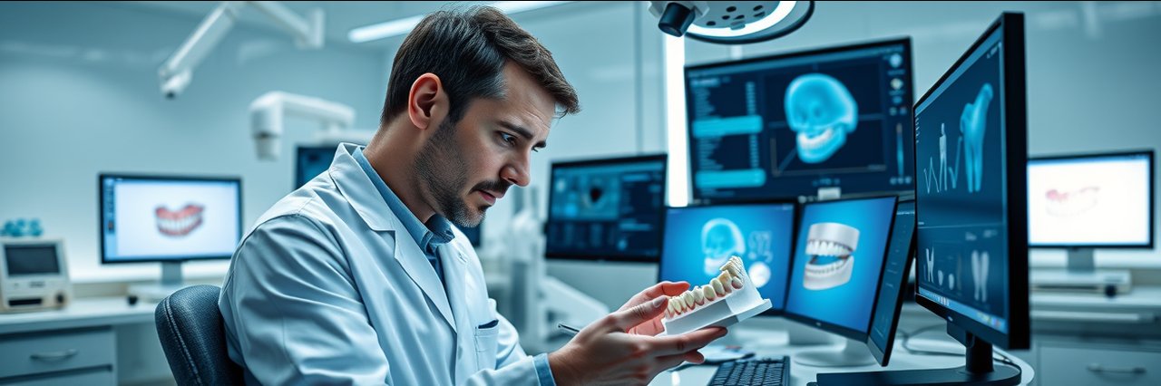 Dental technologist using digital dental technology in a modern lab environment.