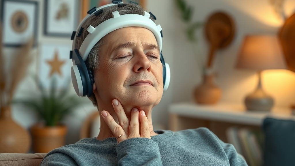 Relaxed patient with serene expression during a neurofeedback feedback session in a comfortable clinic with EEG cap