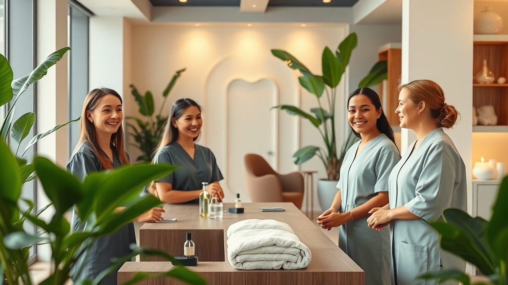inviting day spa reception area creating a positive spa culture with welcoming team members and modern interior