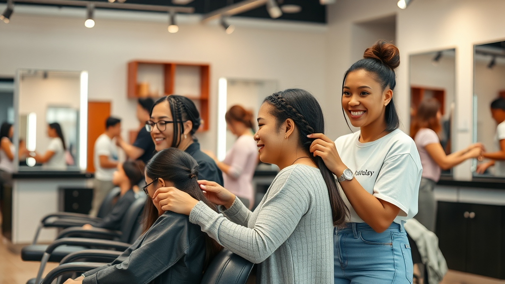 vibrant modern Olongapo hair salon interior with stylists braiding hair, showing happy clients experiencing professional hair braiding in Olongapo