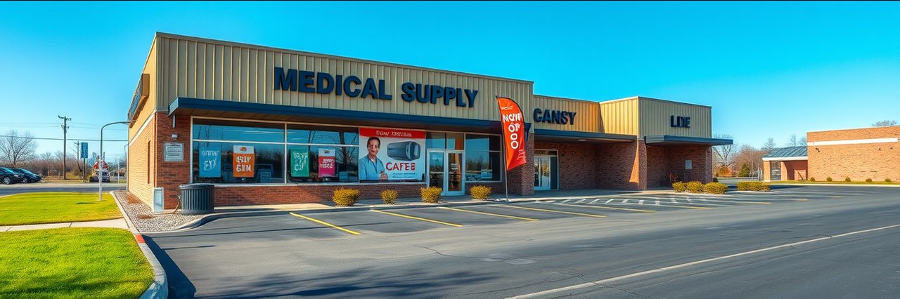 Modern medical supply store exterior with incontinence supplies signage and 
