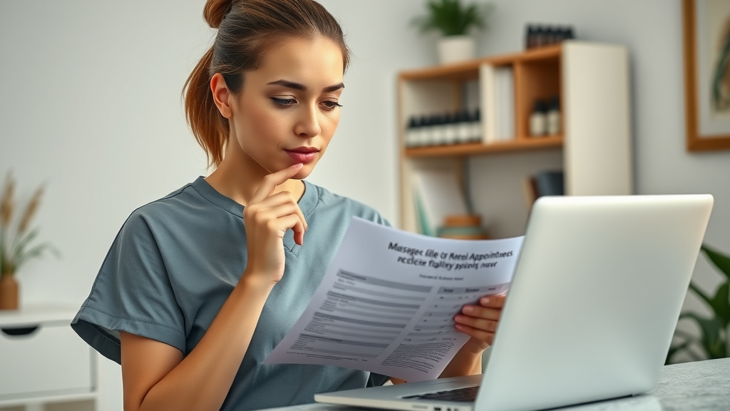 Confident massage therapist analyzing email analytics for improved client retention in the clinic
