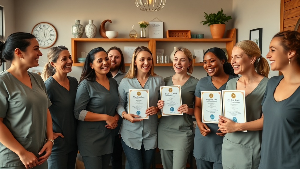friendly team of massage therapists celebrating in boutique spa breakroom