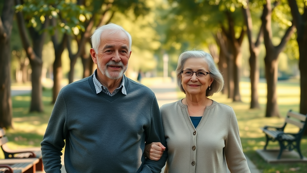 Senior couple in Muskegon County enjoying peaceful park with access to local senior benefits and support
