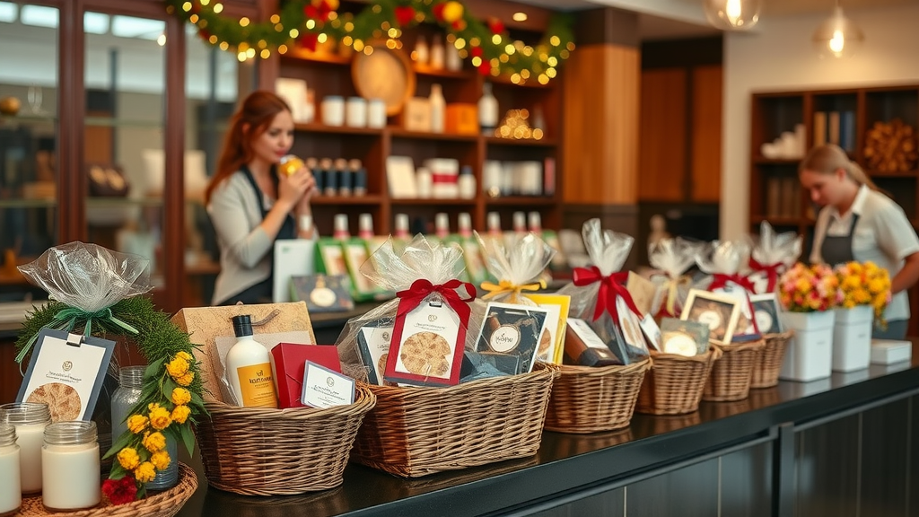 Staff setting up spa promotion baskets for seasonal giveaway campaigns in the spa market