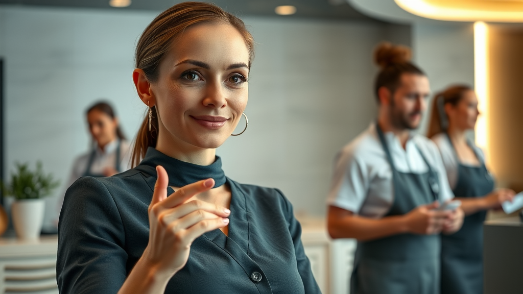 Determined spa owner delegating tasks to staff in a modern spa business