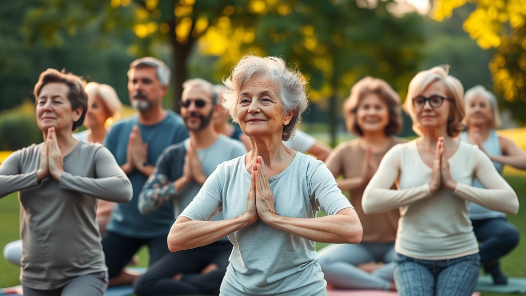 Inclusive yoga community multigenerational group stretching together, practicing yoga