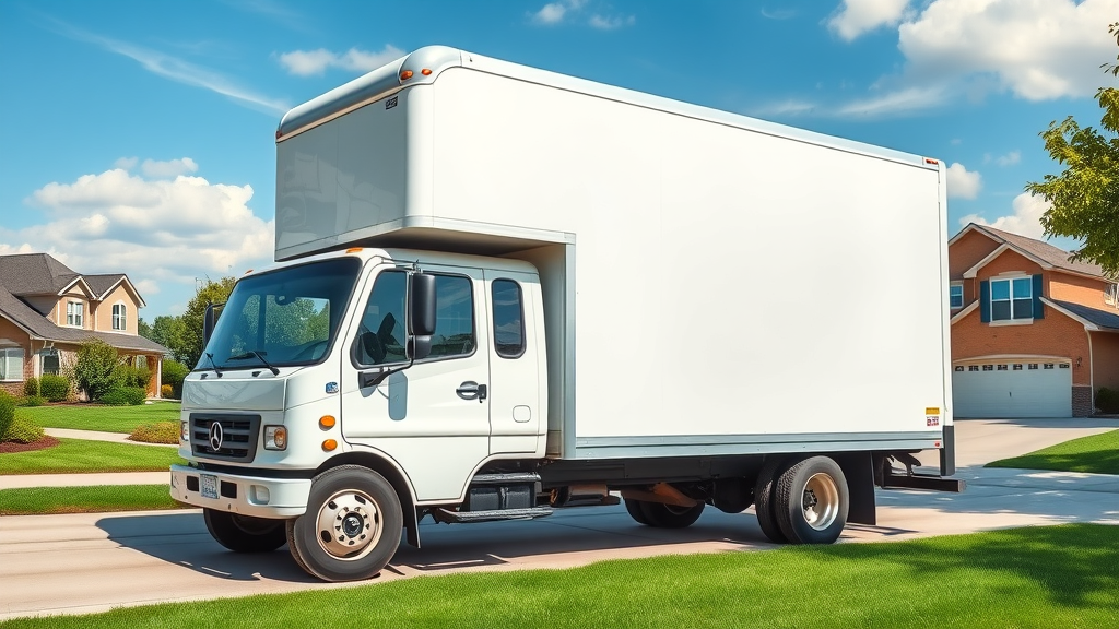 White moving truck parked in suburban neighborhood ready for moving service