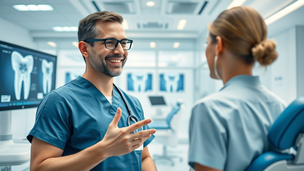 Dental tchnology advanced dental office with modern tools and caring dentist
