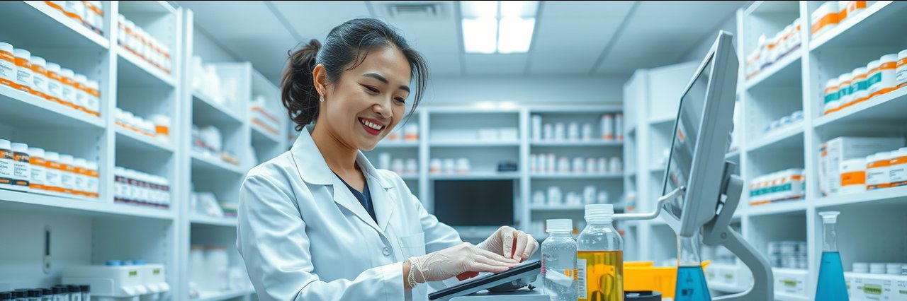 Modern compound pharmacy with pharmacist compounding medication, organized and bright workspace