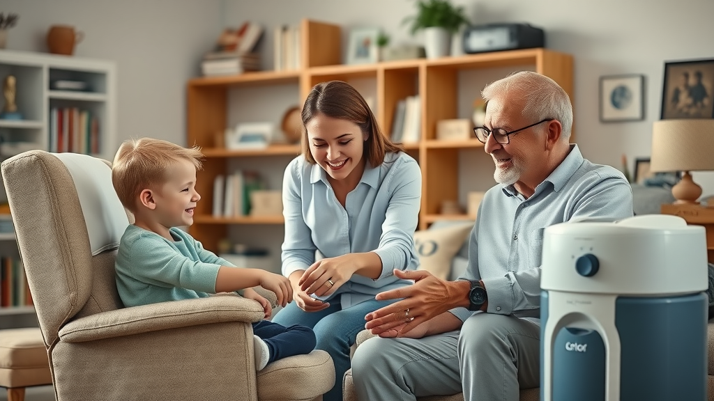 Family adjusting home medical equipment together for senior member