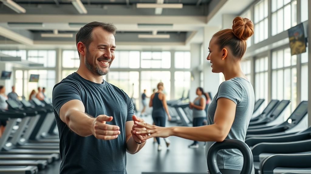 Supportive gym coach helping diverse members achieve fast fitness results
