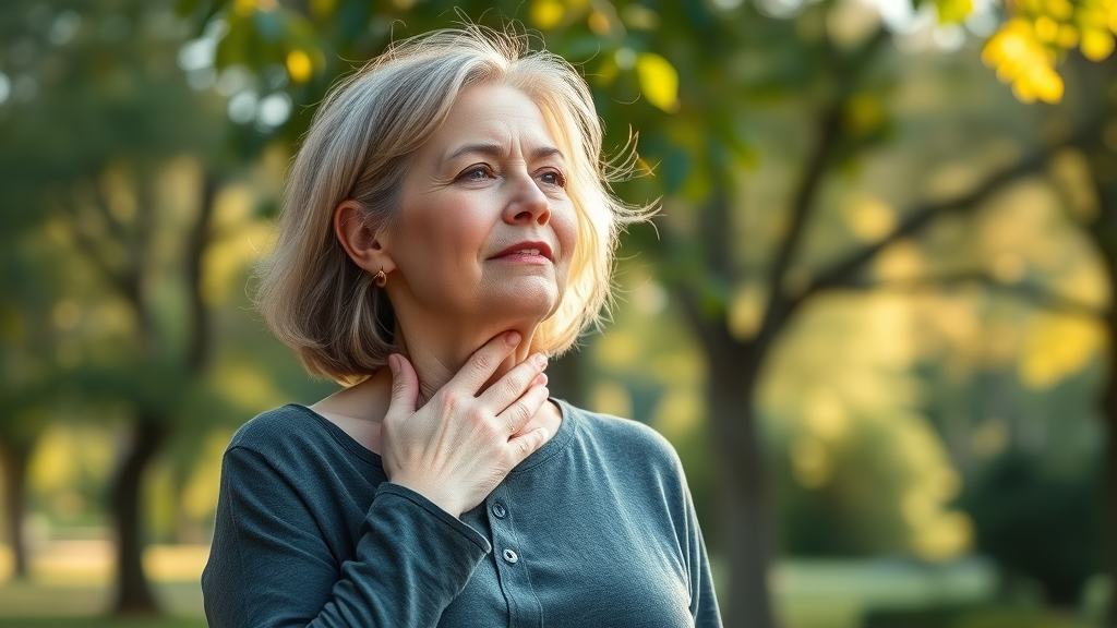 Serene middle-aged woman breathing easily outdoors with bronchia guard, relaxed and healthy, natural park setting, soft sunlight