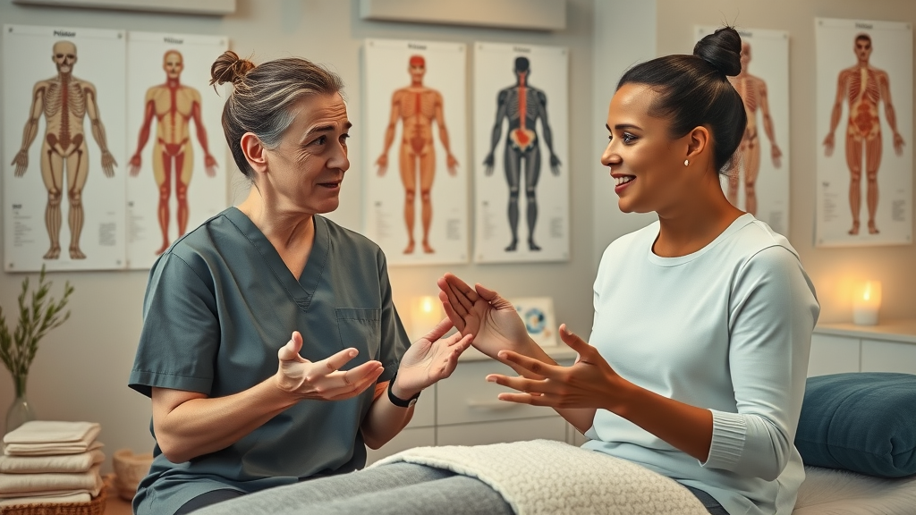 Massage therapist answering client questions in comfortable setting, building trust, massage therapy business
