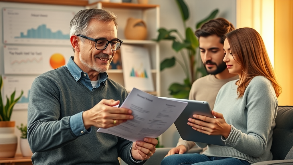 Health insurance agent explaining policies to young couple at home office