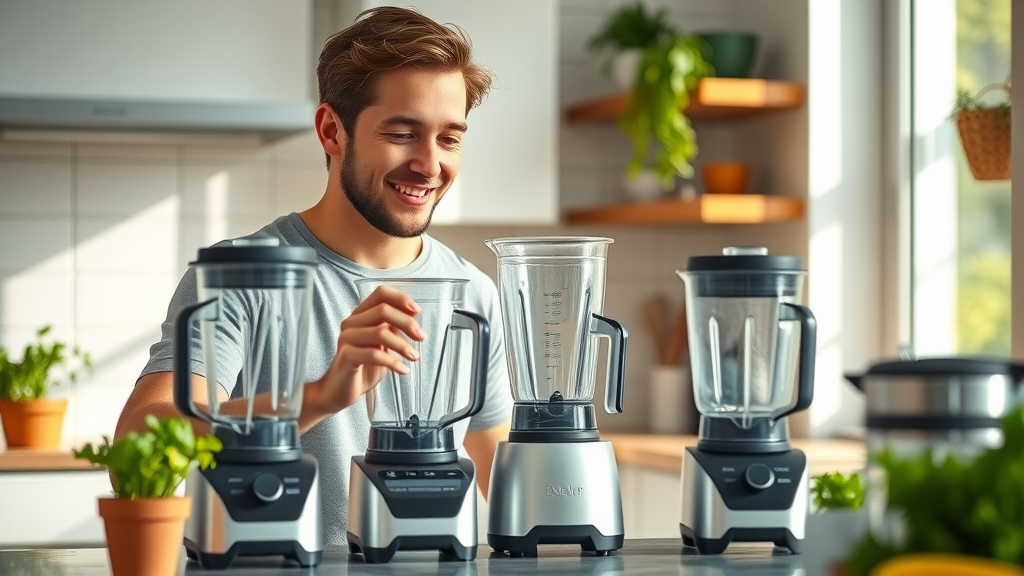 choosing the right smoothie blender kitchen happy person evaluating blenders on countertop