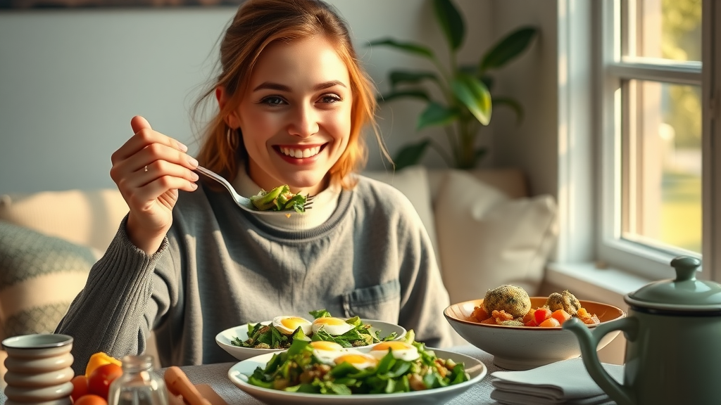 Motivated woman enjoying healthy breakfast with leafy greens and eggs after breaking her fast