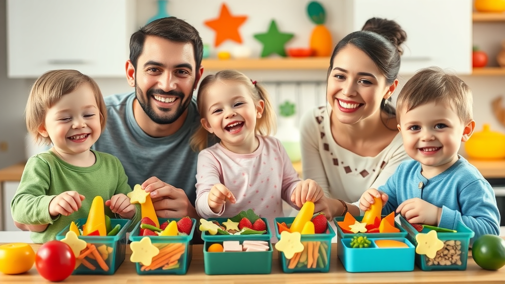 smiling family with children prepping colorful bento boxes, kitchen background, vegetables cut into fun shapes