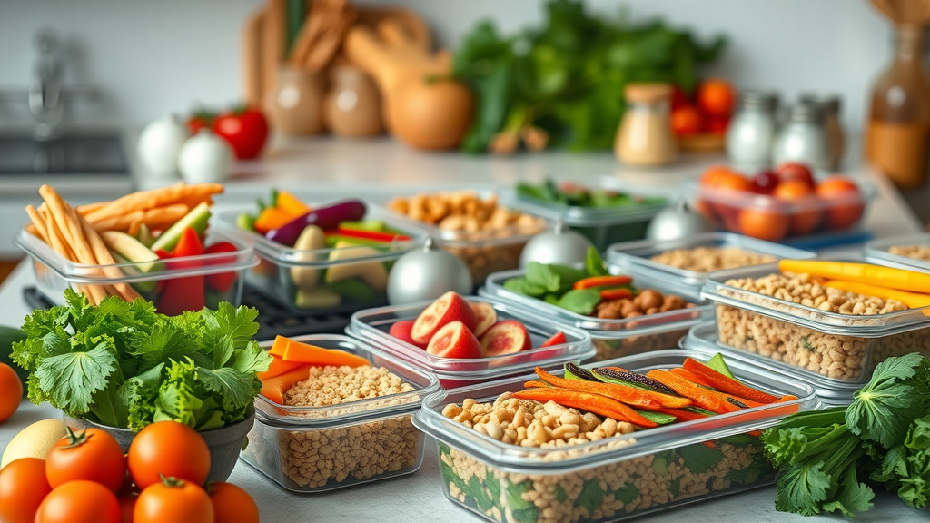 nutritious meal prepping with containers of wholesome foods, vegetables, grains, and lean protein, bright and naturally lit kitchen counter, healthy meal display
