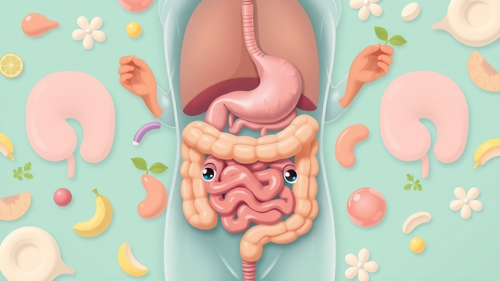 Illustration of human digestive system highlighting gut health, vibrant and detailed 2D cartoon of digestive tract and organs