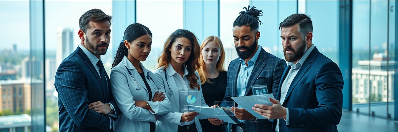 Diverse business professionals managing proprietary preferred provider organization in modern office.