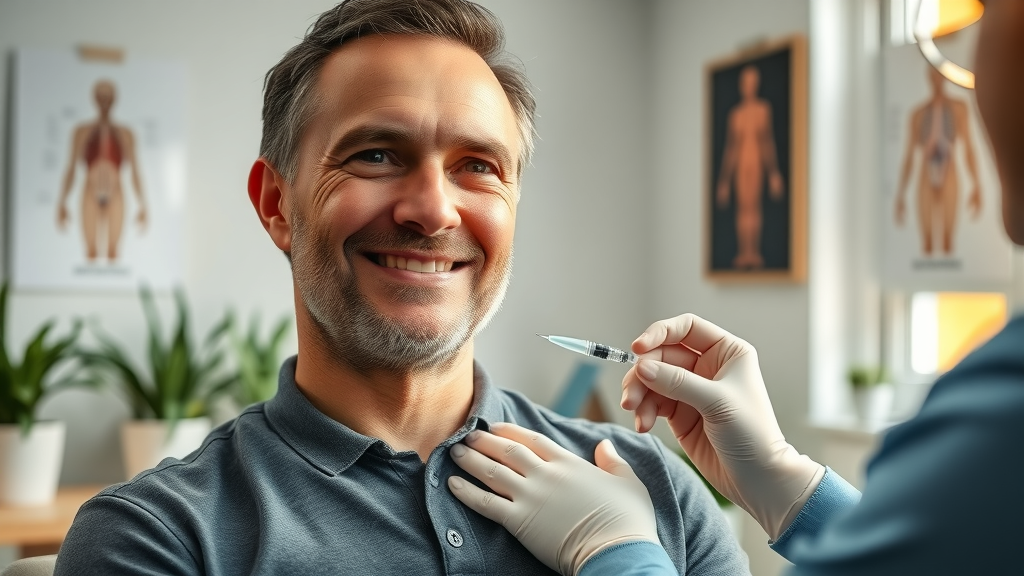 Man receiving regenerative medicine injection therapy in bright clinical setting