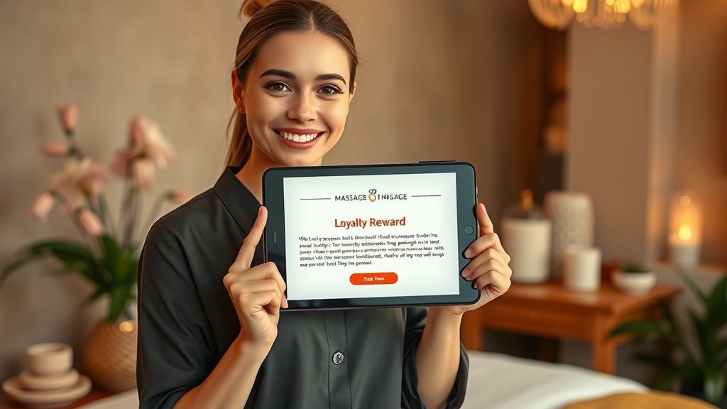 Massage therapist presenting loyalty reward email on tablet for increased massage clinic engagement