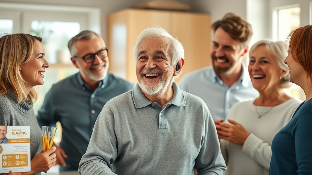 Happy family supporting older man with hearing aids after hearing center visit
