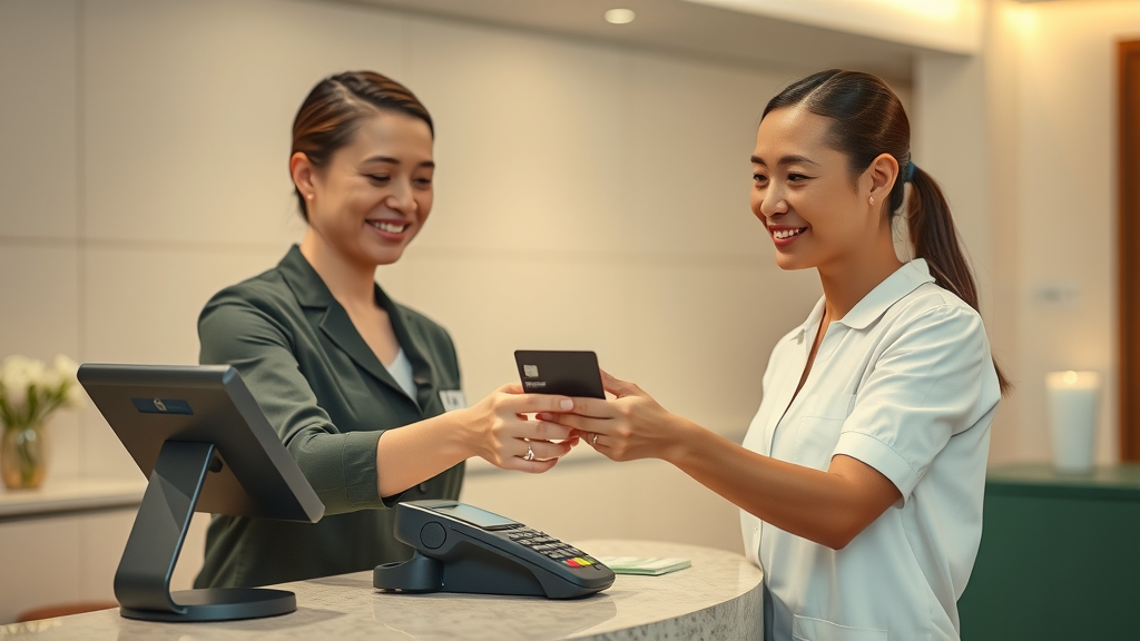 front desk transaction at a clinic with client presenting a credit card for secure massage therapy appointment booking