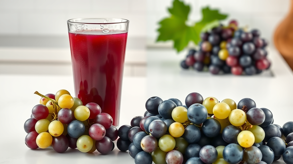 Glass of grape juice next to fresh whole grapes, contrasting health benefits, highlighting blood sugar and heart health.