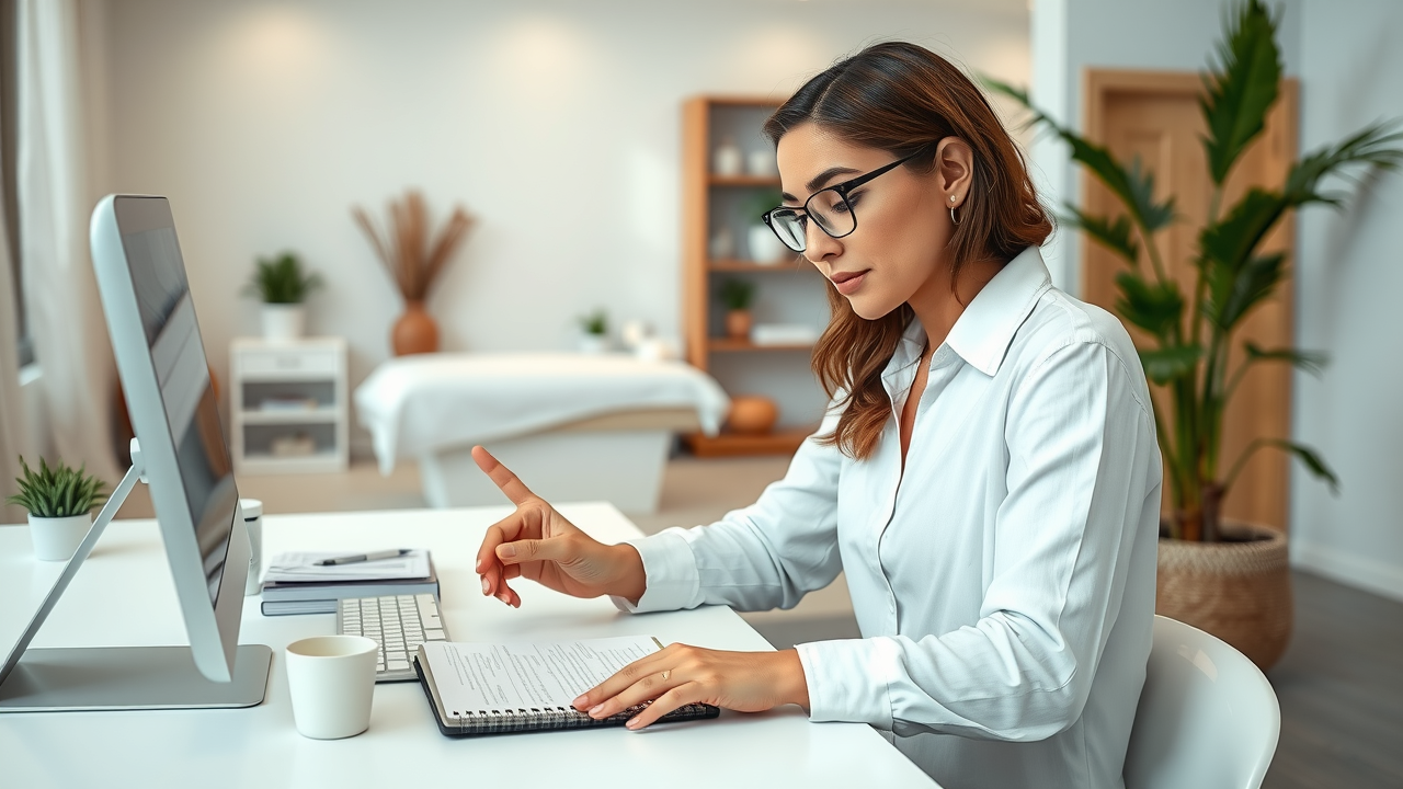 Organized workspace for spa owner, digital to-do list, time management for spa owner work life balance, productive beauty business