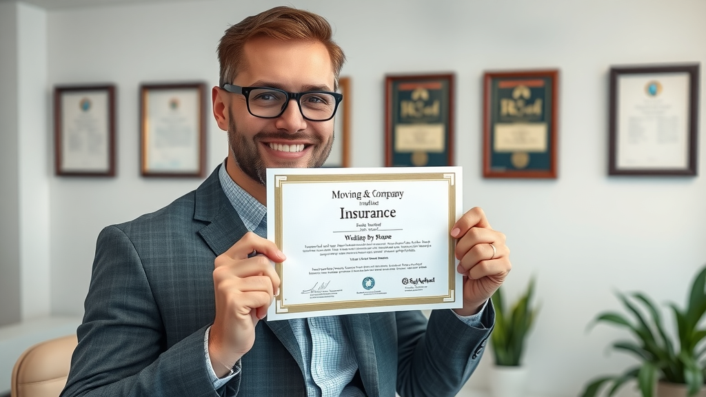 Moving company owner displaying insurance certificate in a professional office for reputable moving company