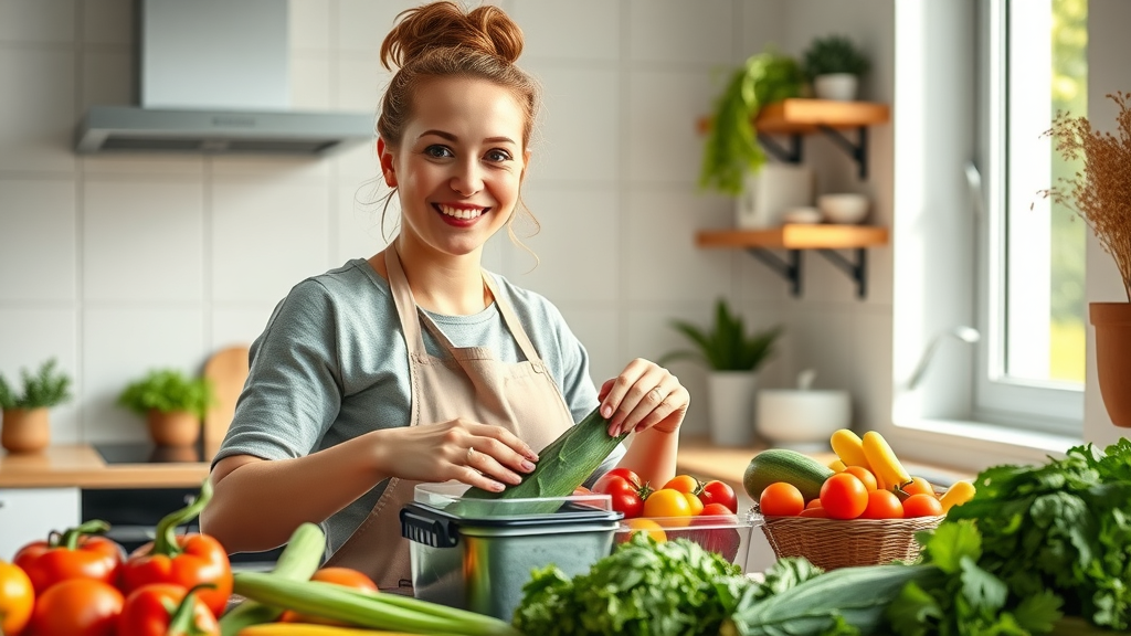 meal prepping in a welcoming modern kitchen with fresh vegetables neatly organized into containers, vibrant colors, clean kitchen with sunlight