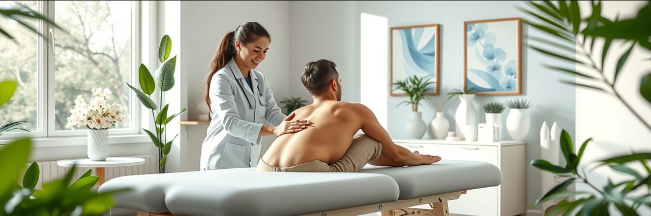 Chiropractor adjusting patient in bright clinic, promoting chiropractic health
