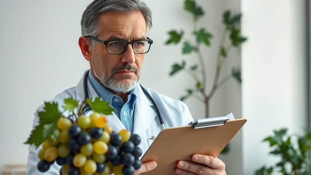 Professional naturopath offering diet advice, grapes in focus, discussing high cholesterol and sugar levels.