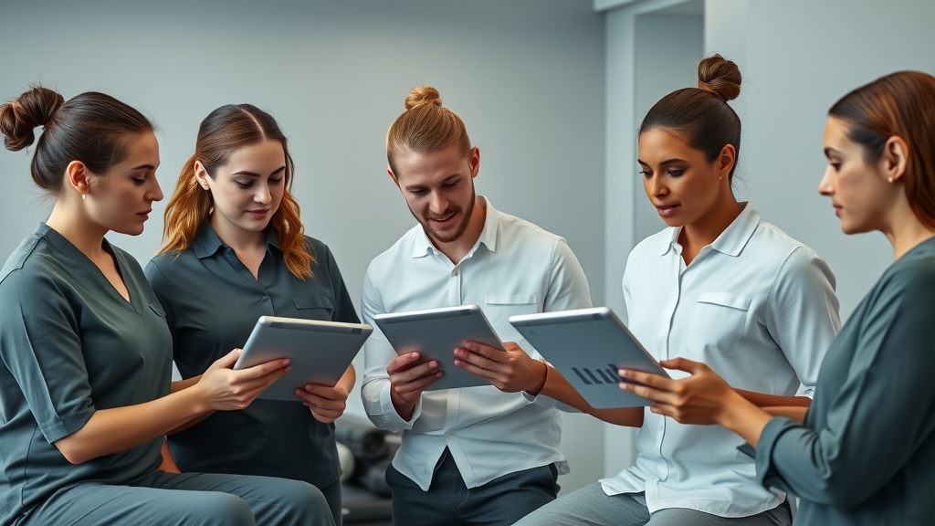 Group of massage therapists reviewing business charts – competitive landscape for massage therapists
