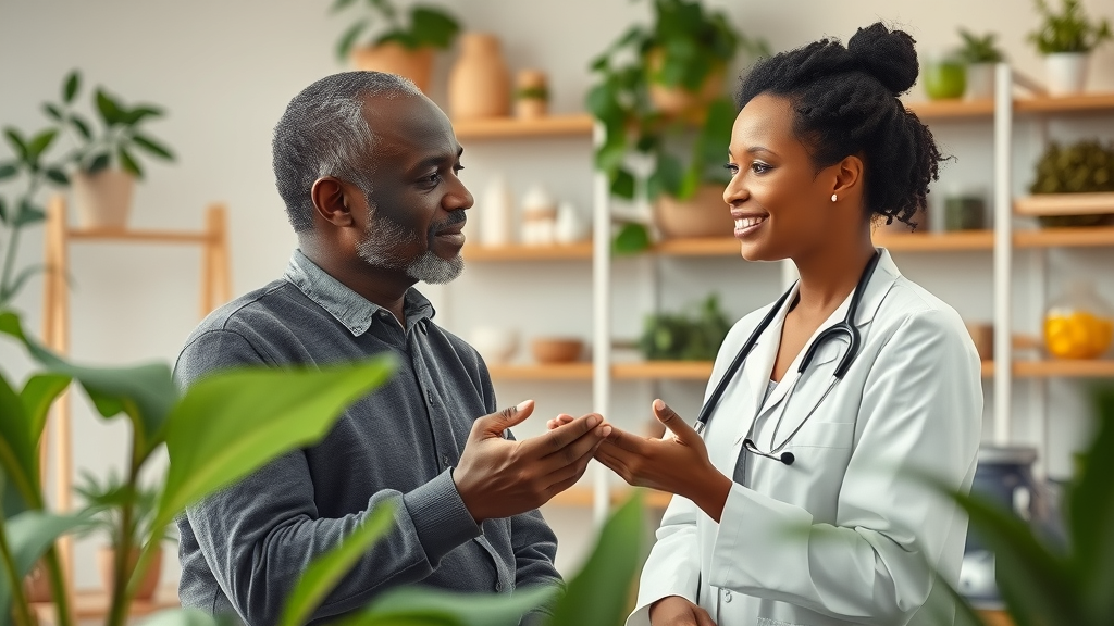 Holistic alternative medicine doctor consulting with patient in a tranquil clinic