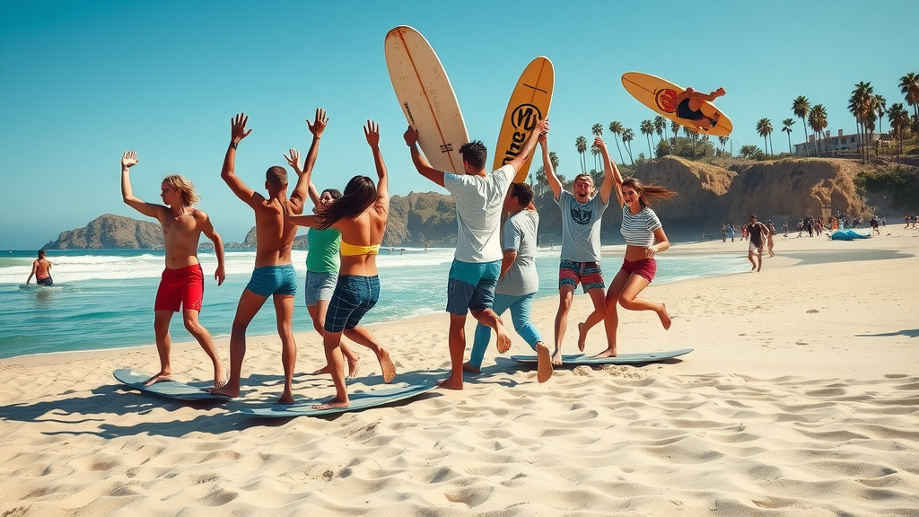 Crowd and skimboarders celebrating a big moment at Laguna Beach contest.