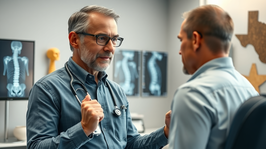 Orthopedic spine specialist Texas explains spinal care to patient in a modern clinic.