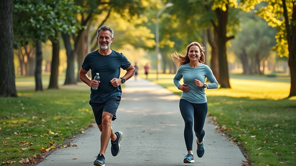 Active adults running in park showing healthy diet and lifestyle for wellness
