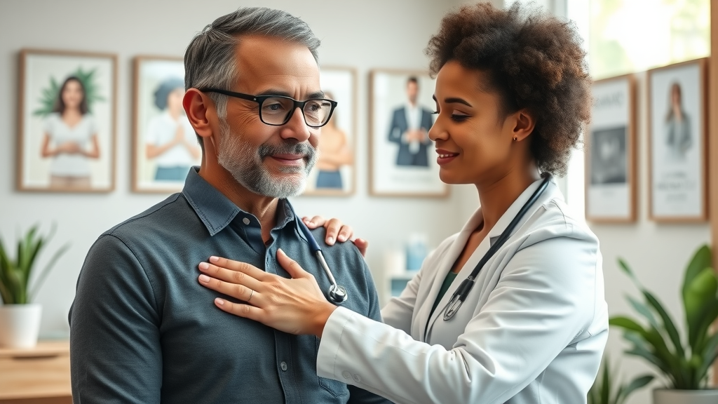 Caring chiropractor consults patient in modern chiropractic health and wellness center.