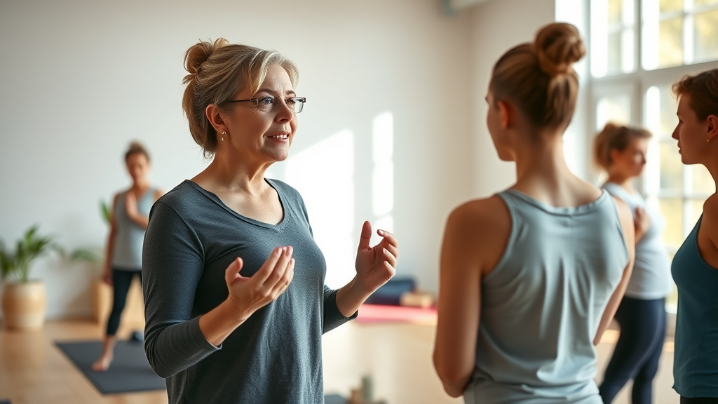 Professional yoga teacher leading a class, accomplished yoga instructor