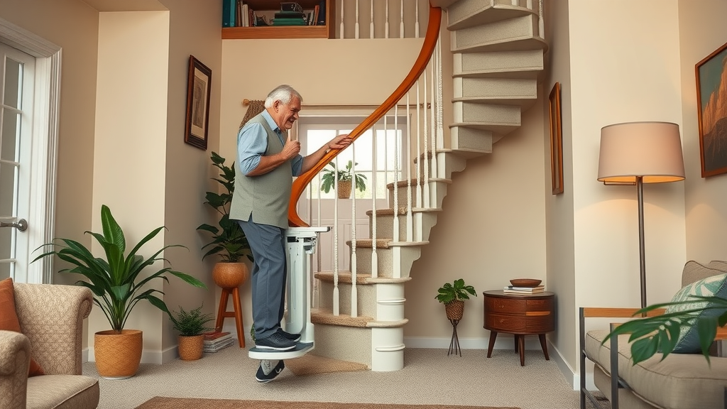 Older man uses custom stair lift for narrow stairs, enhancing independence at home