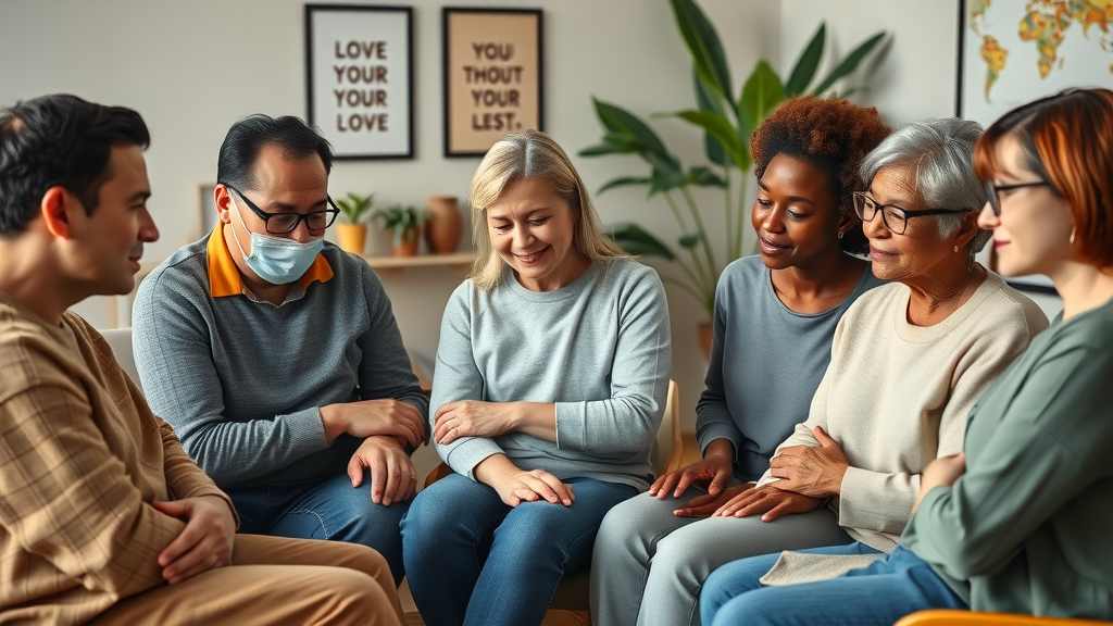 Group support in struggling with substance, compassionate recovery setting.