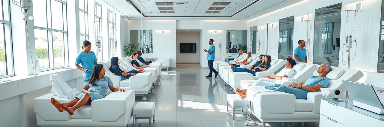 Modern IV therapy and vitamin injections lounge with clients and staff
