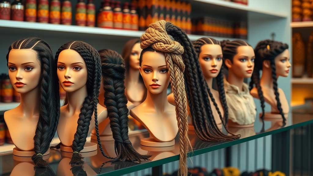 Display of hair braid samples, various braided styles on mannequin heads in a chic Olongapo hair salon, stylish ethnic patterns and professional presentation
