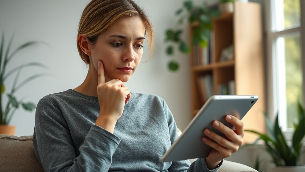 thoughtful person considering craniosacral therapy, reading health information about sacral therapy at home on tablet