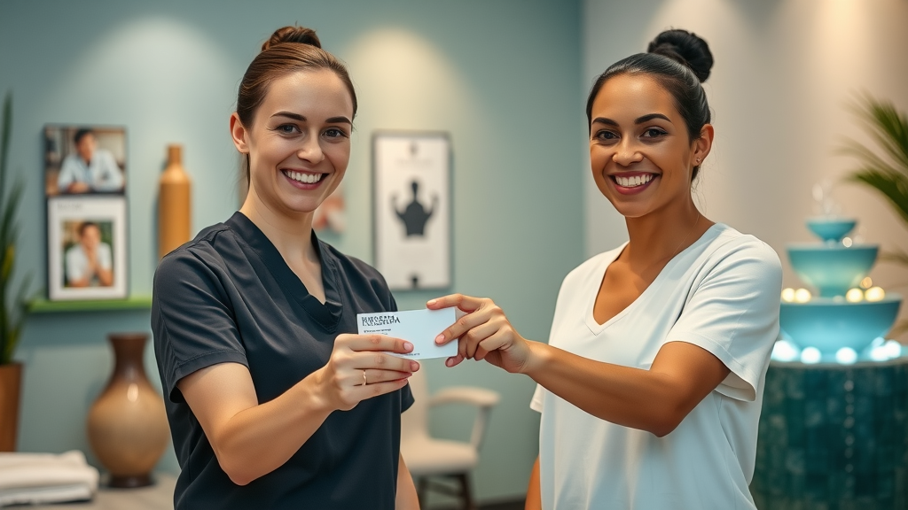 Massage therapist handing business card to client, content marketing for massage therapists