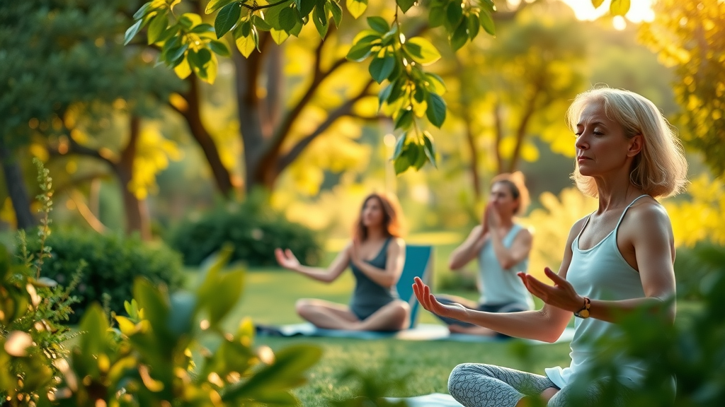 Holistic health wellness: people practicing mindfulness and yoga outdoors in peaceful retreat